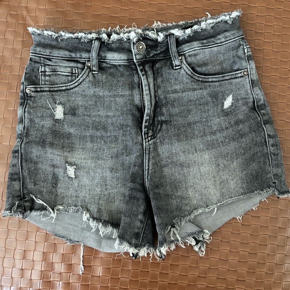 Risen-Washed Black High-Rise Distressed Denim Shorts